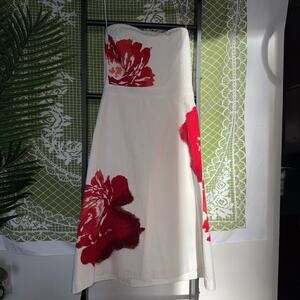 VINTAGE 90s J.Crew Paper Tag Red Floral Seersucker Strapless Midi Dress 6
